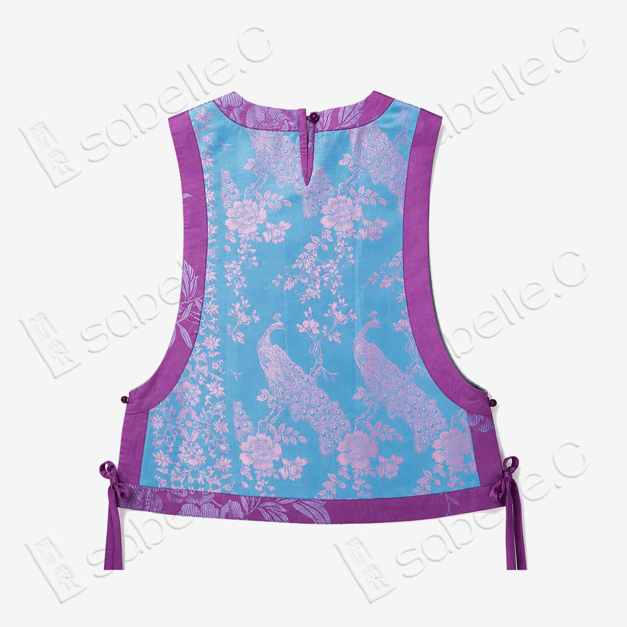 Cyan Blue Violet Plumage Vintage Silk Satin Waistcoat - 「青藍紫翎」真絲老緞馬甲