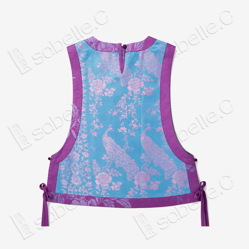 Cyan Blue Violet Plumage Vintage Silk Satin Waistcoat - 「青藍紫翎」真絲老緞馬甲