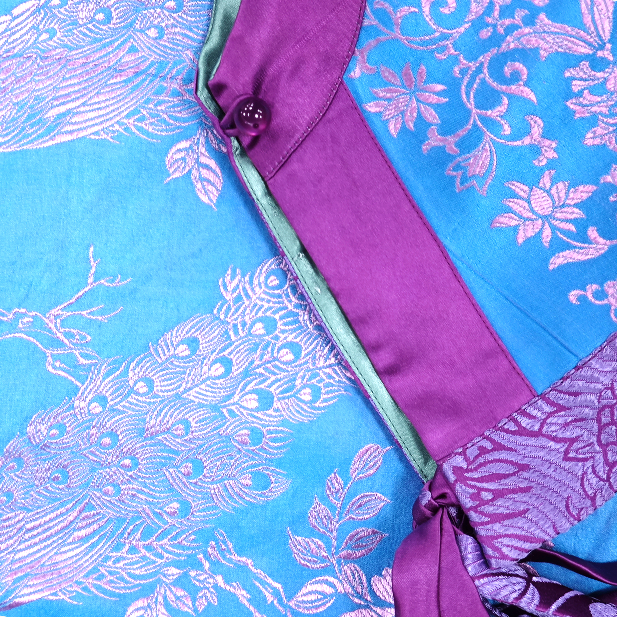 Cyan Blue Violet Plumage Vintage Silk Satin Waistcoat - 「青藍紫翎」真絲老緞馬甲