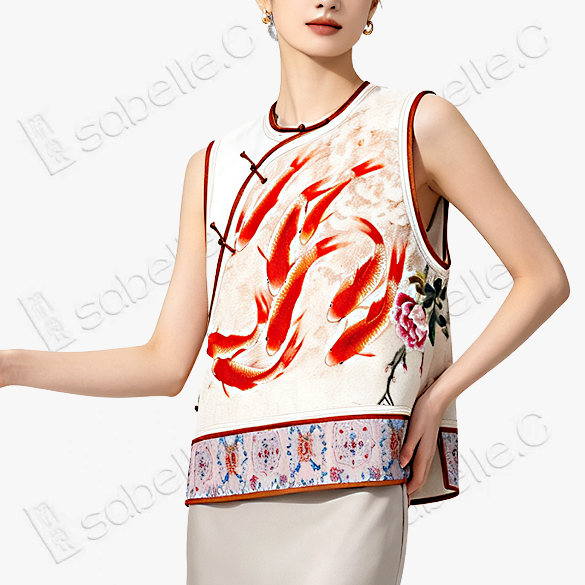 Landscape‑Koi Hand‑Embroidered Waistcoat - 手工刺繡馬甲