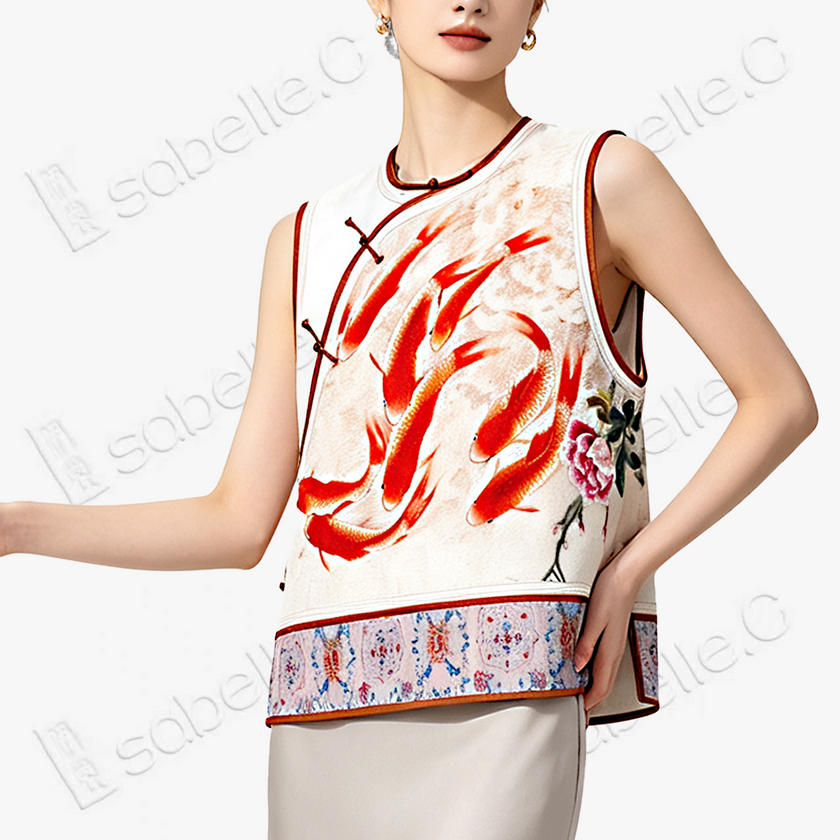 Landscape‑Koi Hand‑Embroidered Waistcoat - 手工刺繡馬甲