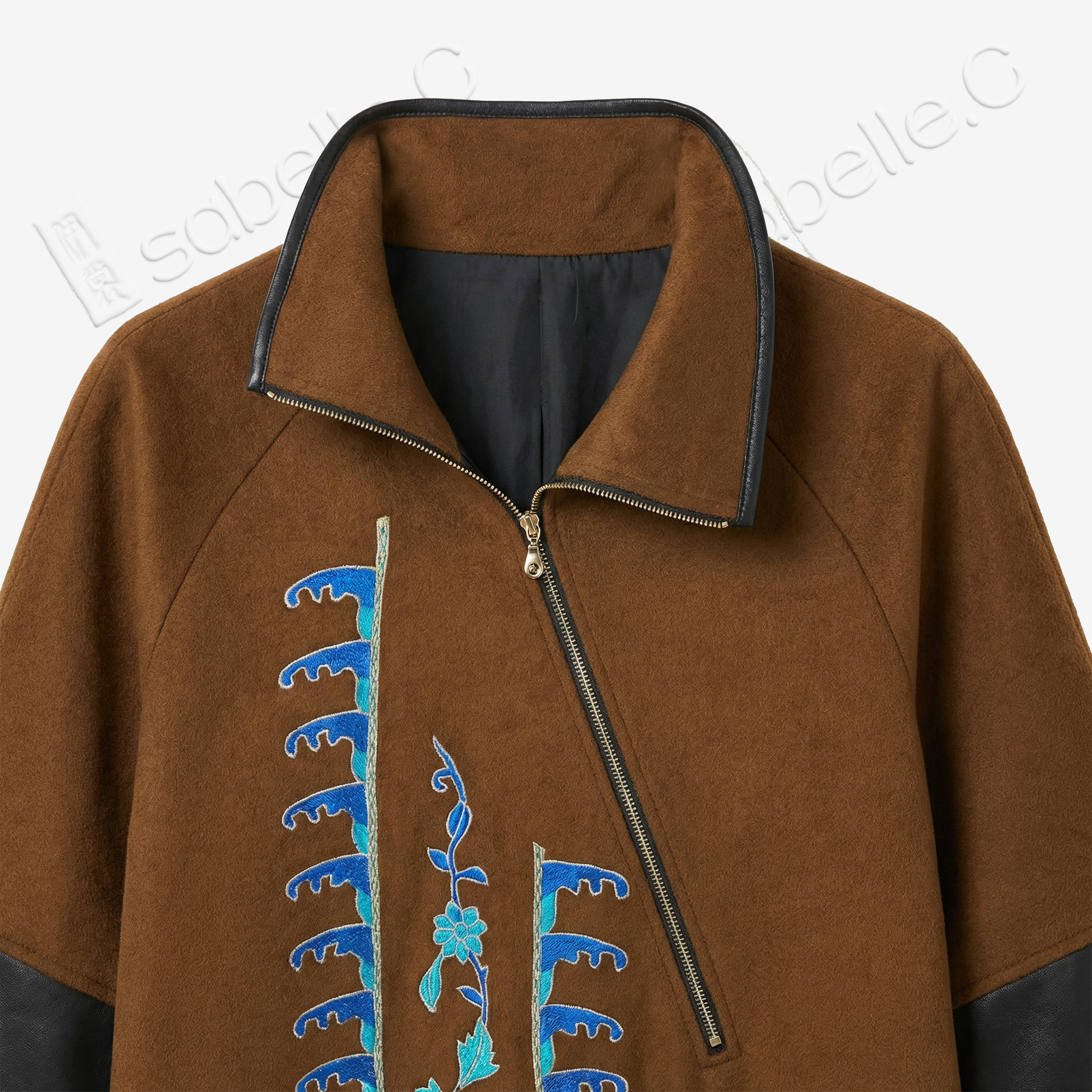 Vintage Embroidery Cashmere Long Top with Lambskin Cuffs