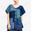 Plant-dyed Patchwork Short Sleeve Top - 蠟染藍盤扣上衣