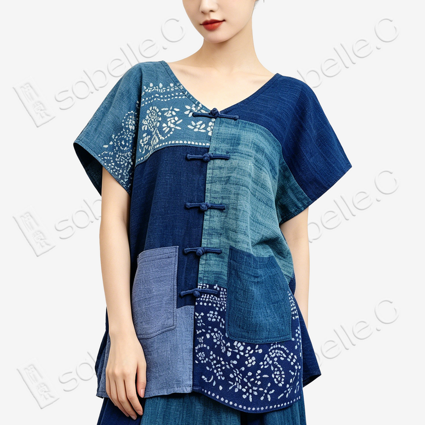 Plant-dyed Patchwork Short Sleeve Top - 蠟染藍盤扣上衣