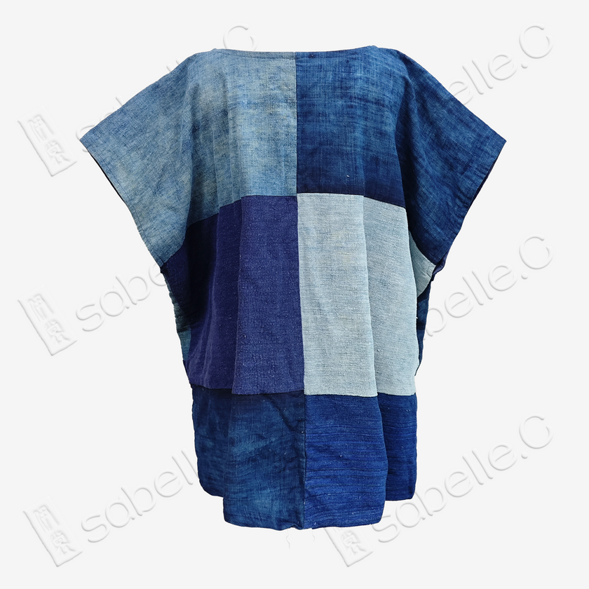 Plant-dyed Patchwork Short Sleeve Top - 蠟染藍盤扣上衣