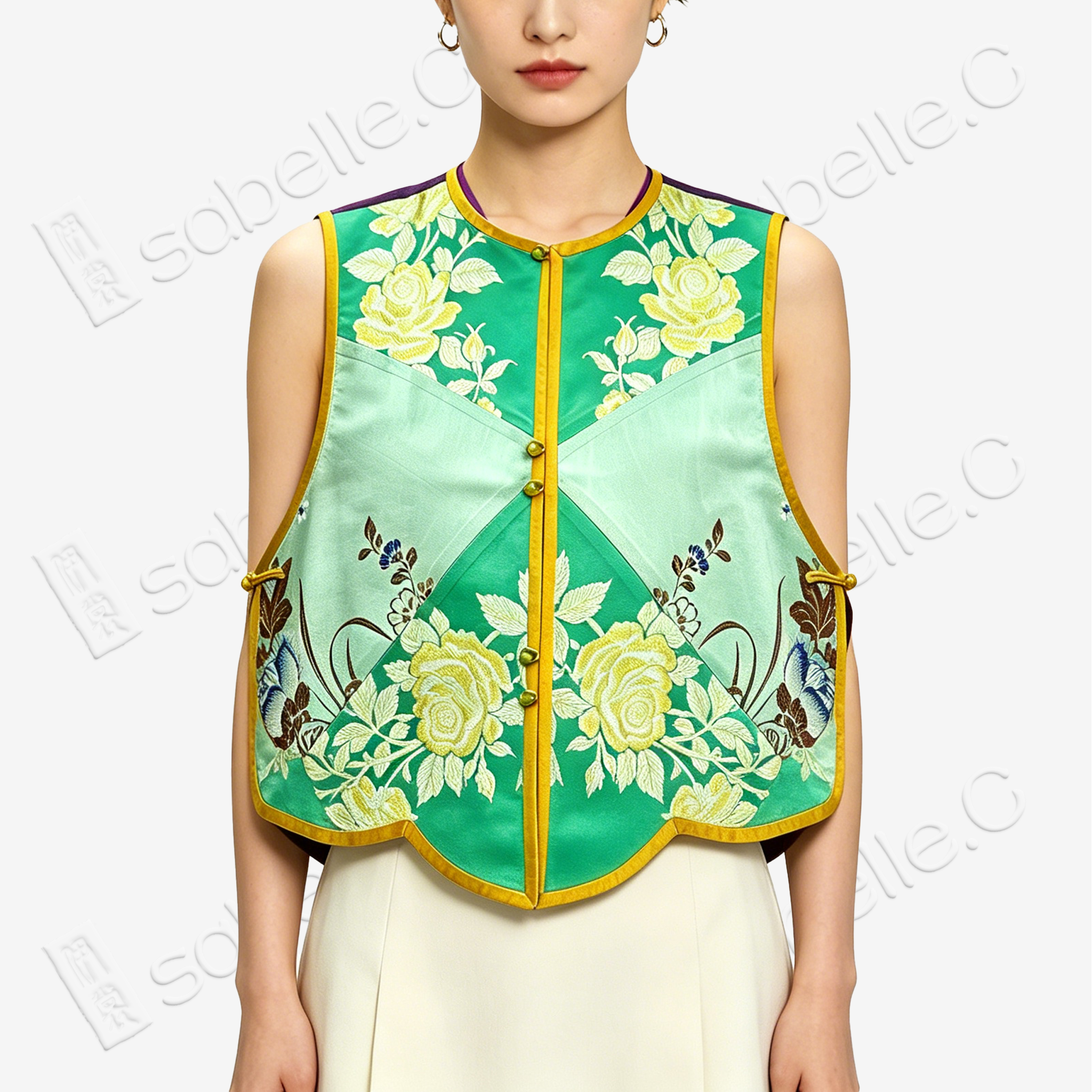 Emerald Vintage Silk Satin Rose Vest - 古董真絲老緞花卉馬甲