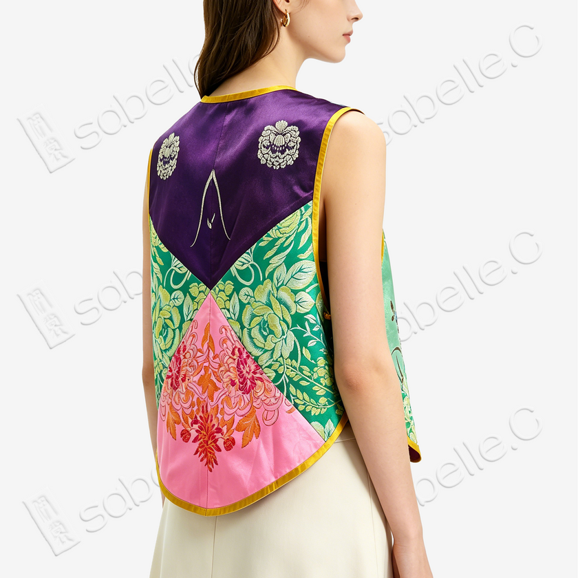 Emerald Vintage Silk Satin Rose Vest - 古董真絲老緞花卉馬甲