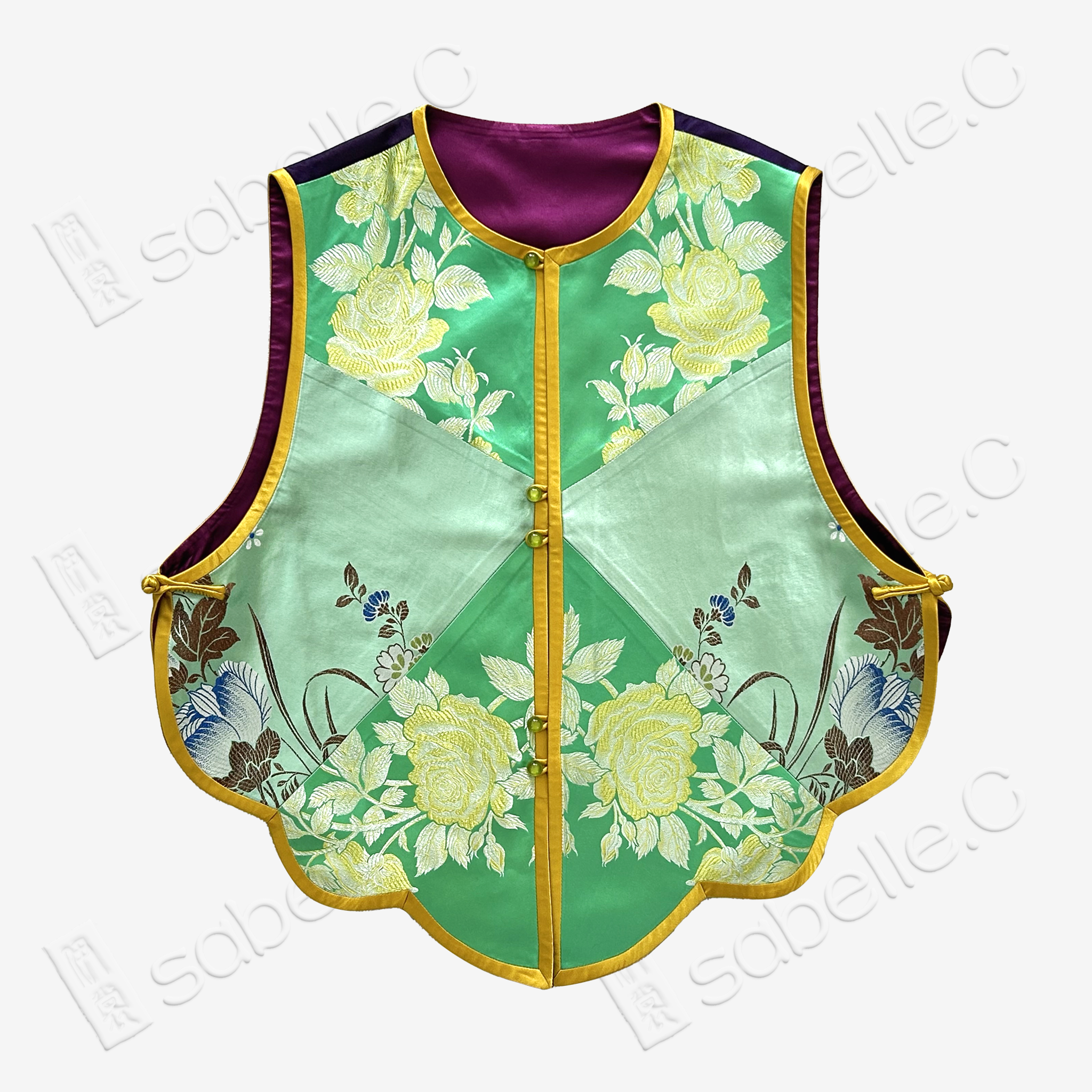 Emerald Vintage Silk Satin Rose Vest - 古董真絲老緞花卉馬甲