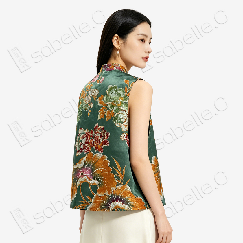 Emerald Peony & Butterfly Vintage Silk Satin Vest - 「翠蝶牡丹」古董真絲老緞馬甲