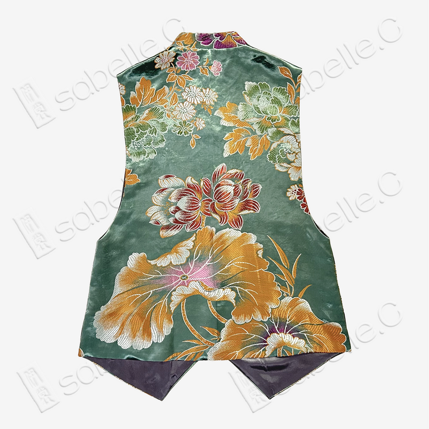Emerald Peony & Butterfly Vintage Silk Satin Vest - 「翠蝶牡丹」古董真絲老緞馬甲