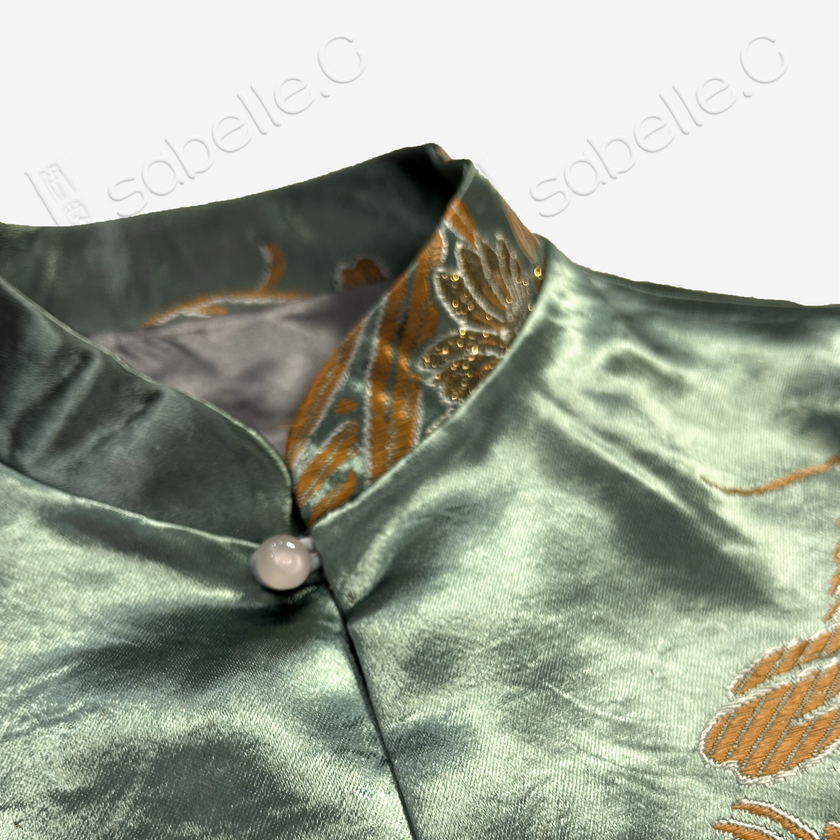 Emerald Peony & Butterfly Vintage Silk Satin Vest - 「翠蝶牡丹」古董真絲老緞馬甲
