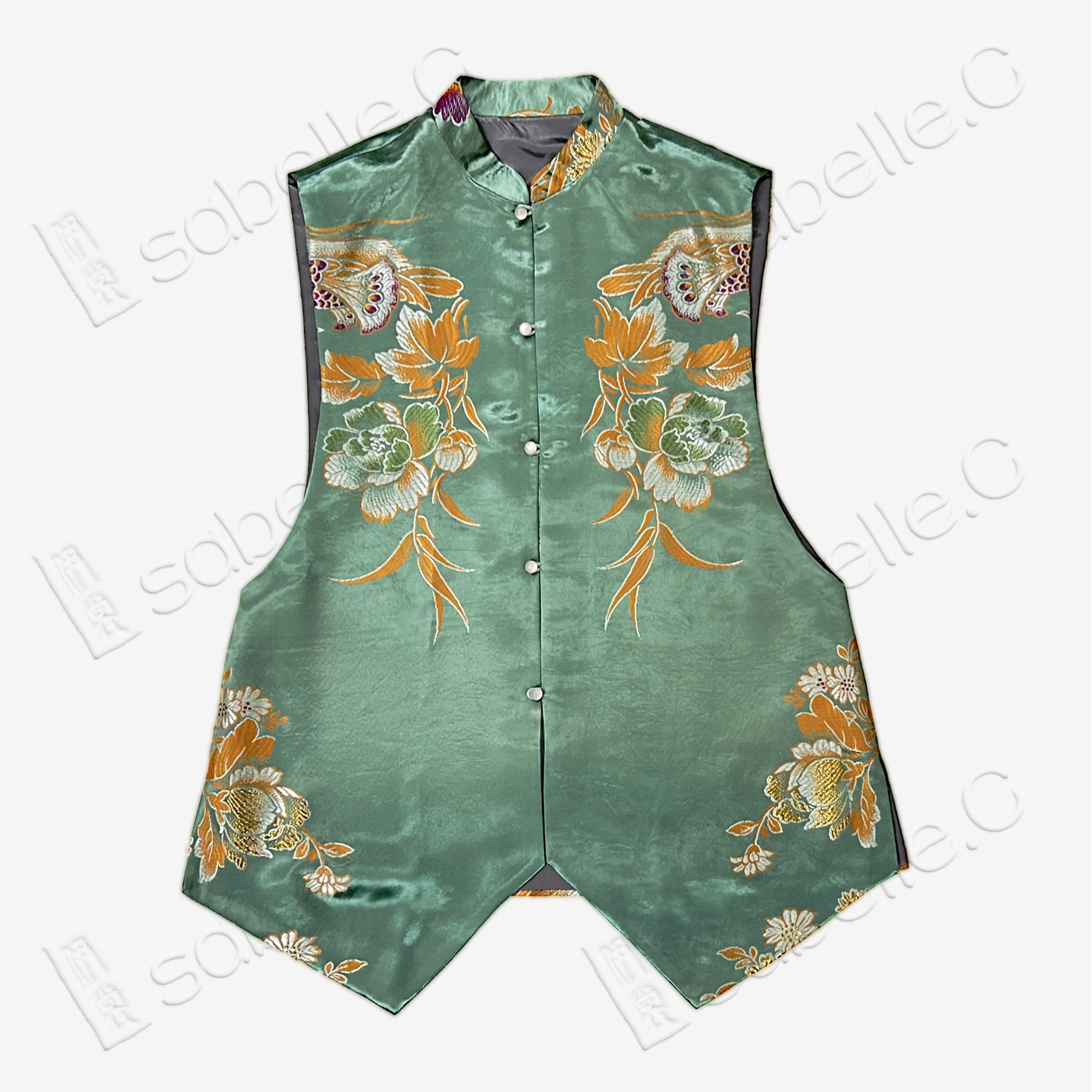 Emerald Peony & Butterfly Vintage Silk Satin Vest - 「翠蝶牡丹」古董真絲老緞馬甲