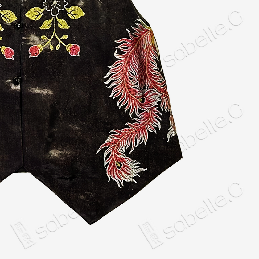 Ink Phoenix Peony Antique Silk Satin Vest - 古董真絲老緞馬甲
