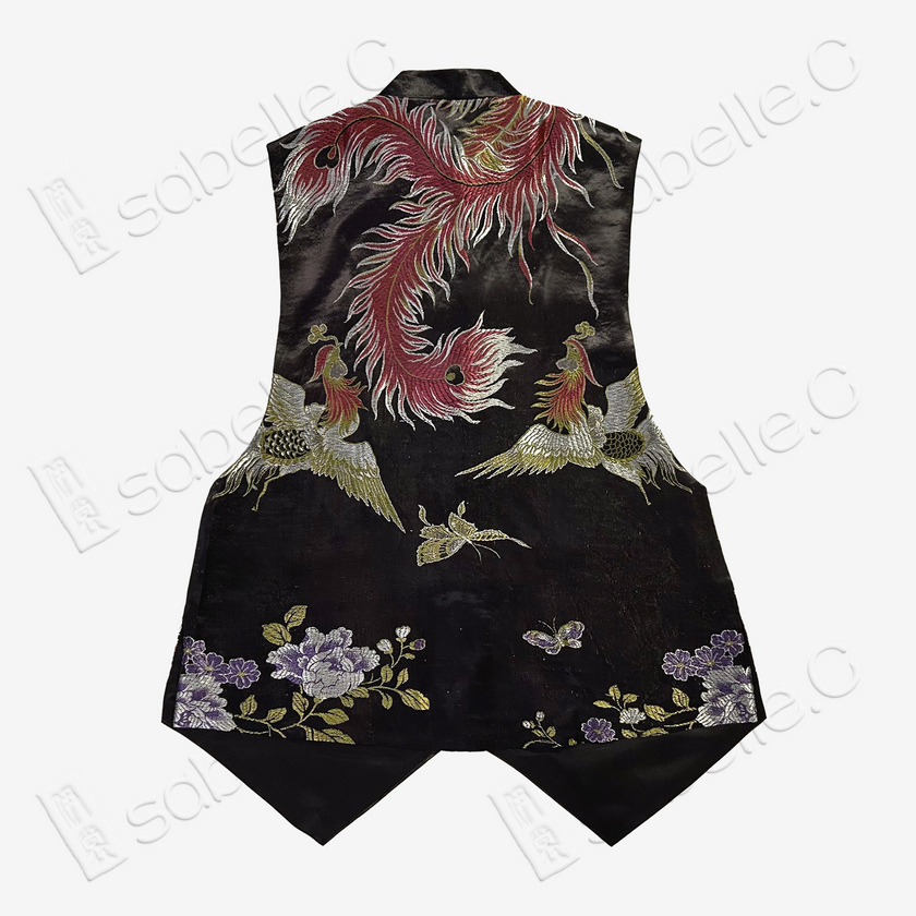 Ink Phoenix Peony Antique Silk Satin Vest - 古董真絲老緞馬甲