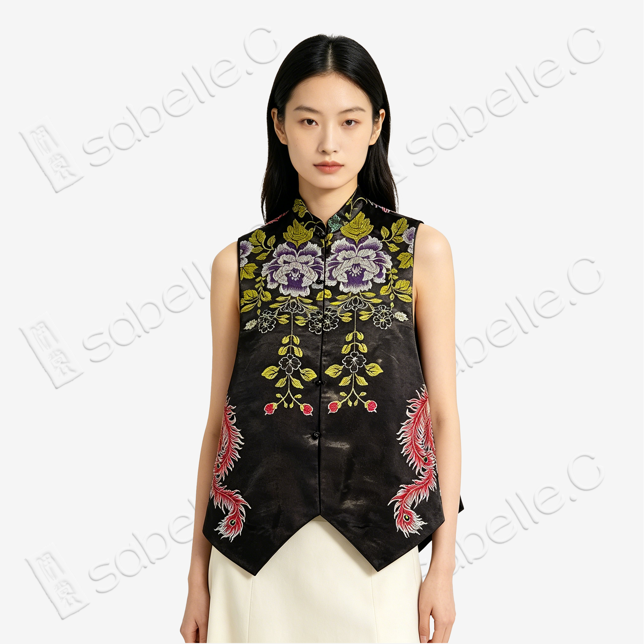 Ink Phoenix Peony Antique Silk Satin Vest - 古董真絲老緞馬甲