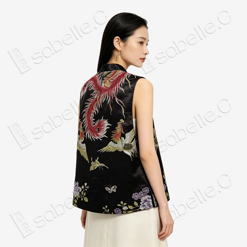 Ink Phoenix Peony Antique Silk Satin Vest - 古董真絲老緞馬甲