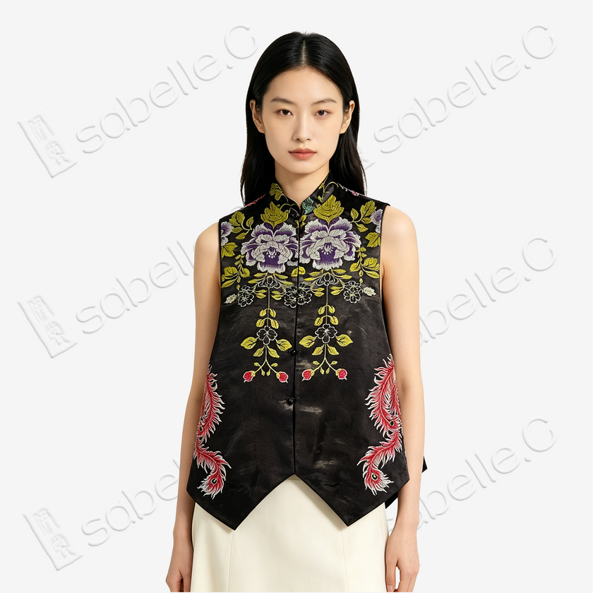 Ink Phoenix Peony Antique Silk Satin Vest - 古董真絲老緞馬甲