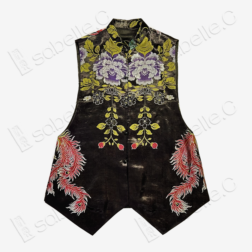 Ink Phoenix Peony Antique Silk Satin Vest - 古董真絲老緞馬甲