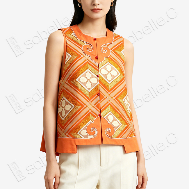 Gilded Orange Diamond Clover Kesi Long Vest - 緙絲長馬甲