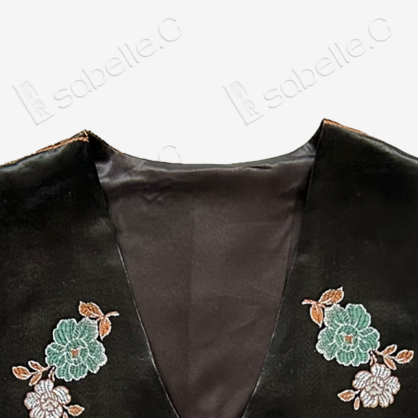 Black Phoenix Peony Vintage Silk Satin Vest - 古董真絲老緞馬甲