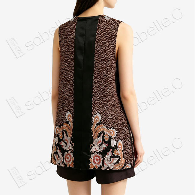 Black Phoenix Peony Vintage Silk Satin Vest - 古董真絲老緞馬甲