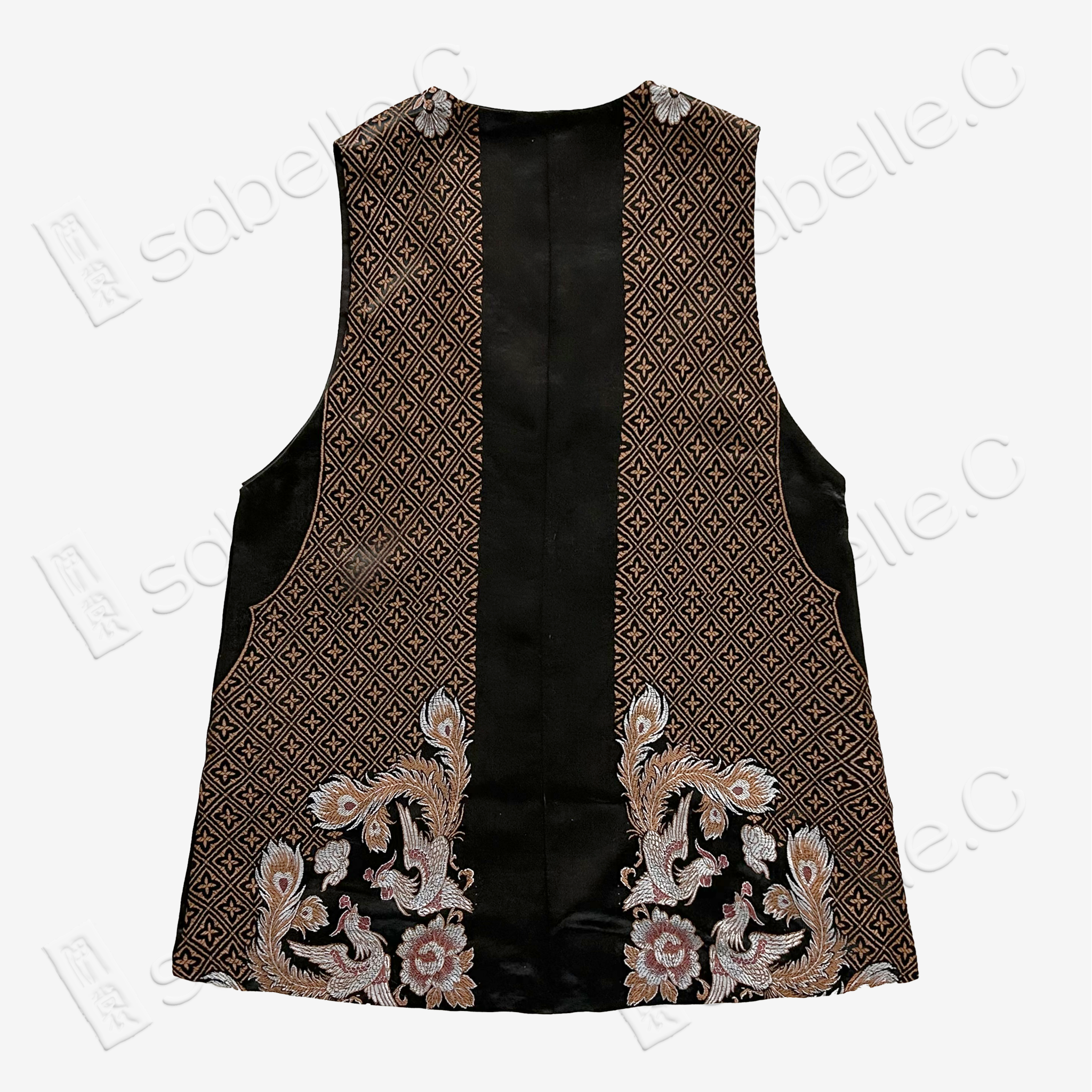 Black Phoenix Peony Vintage Silk Satin Vest - 古董真絲老緞馬甲
