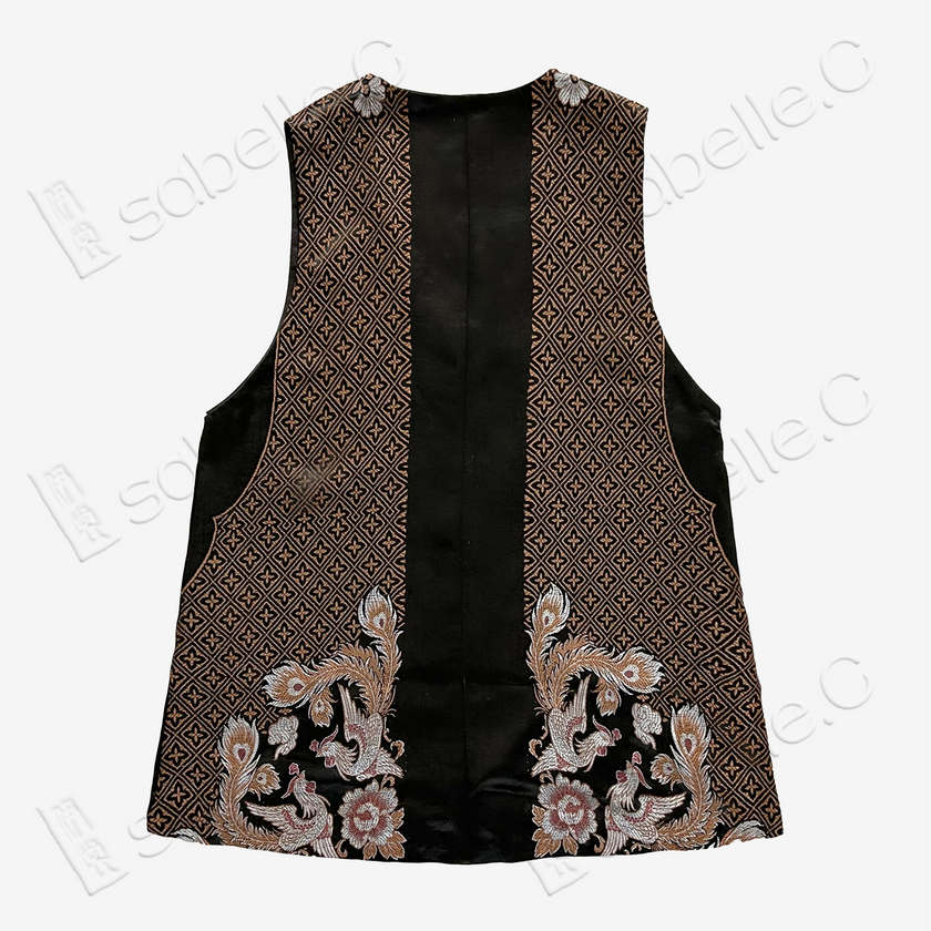 Black Phoenix Peony Vintage Silk Satin Vest - 古董真絲老緞馬甲