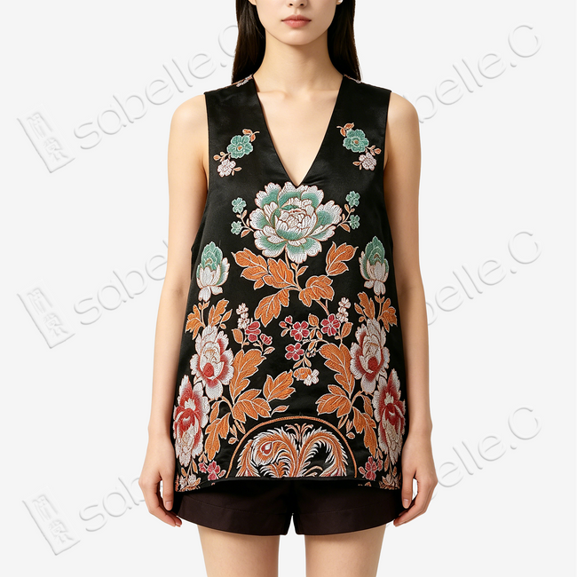 Black Phoenix Peony Vintage Silk Satin Vest - 古董真絲老緞馬甲