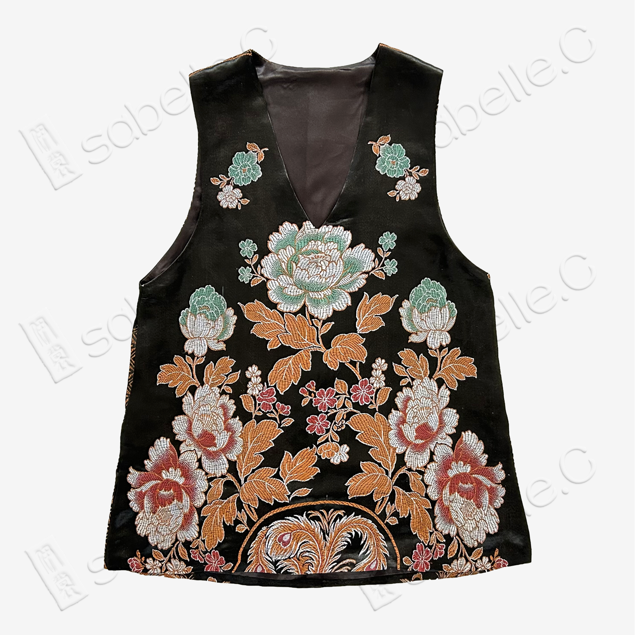 Black Phoenix Peony Vintage Silk Satin Vest - 古董真絲老緞馬甲