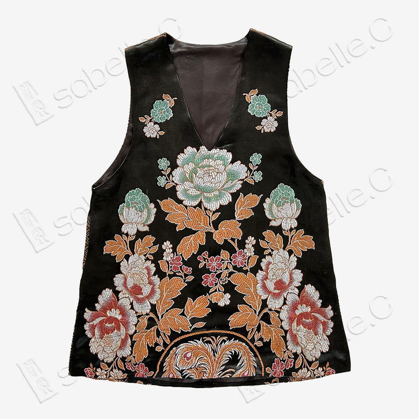 Black Phoenix Peony Vintage Silk Satin Vest - 古董真絲老緞馬甲
