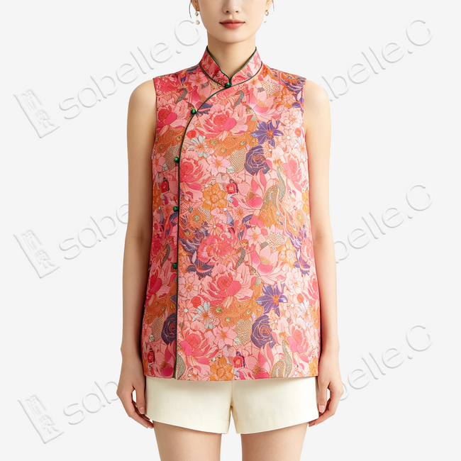 Blush Lotus Cloud Brocade Quilted Vest - 雲錦夾棉馬甲