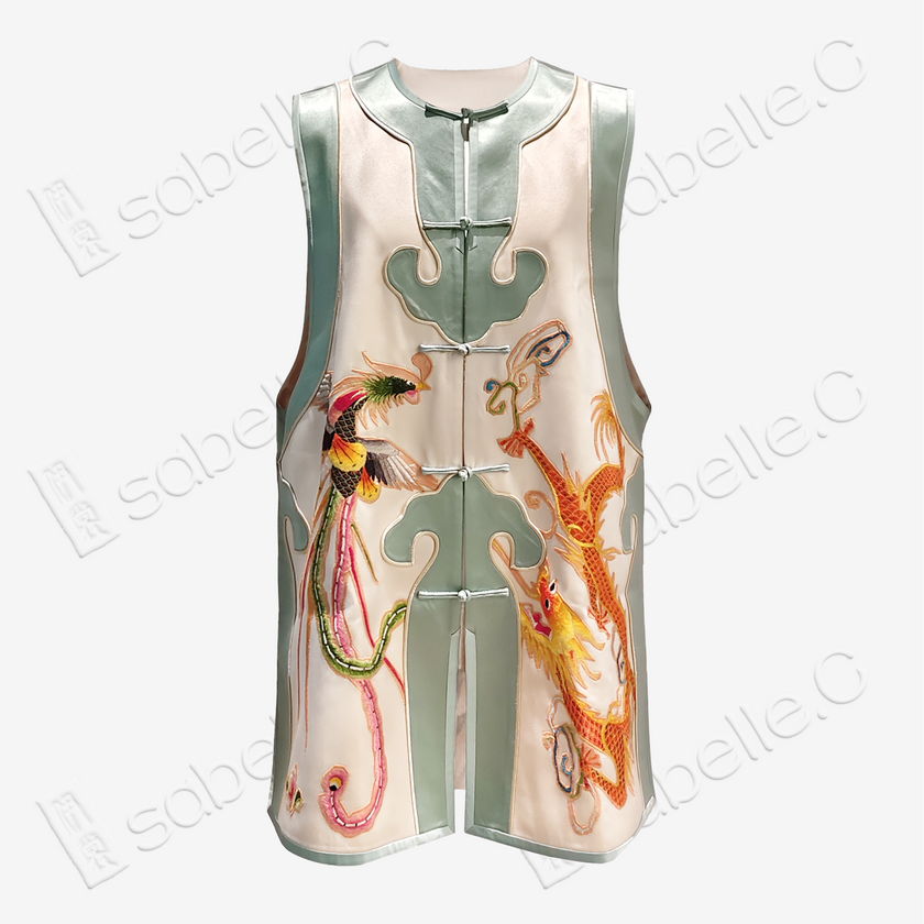 Dragon Phoenix Antique Embroidery Silk Satin Long Vest - 「清禾龍鳳」老繡真絲老緞馬甲