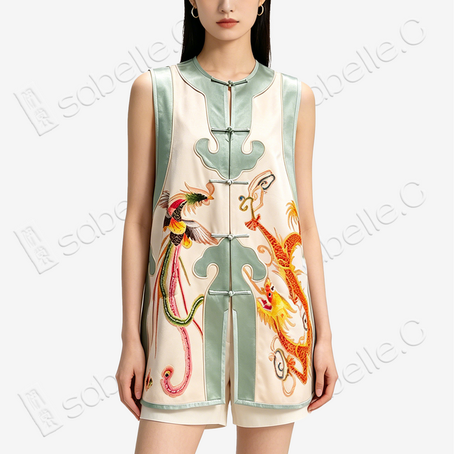 Dragon Phoenix Antique Embroidery Silk Satin Long Vest - 「清禾龍鳳」老繡真絲老緞馬甲