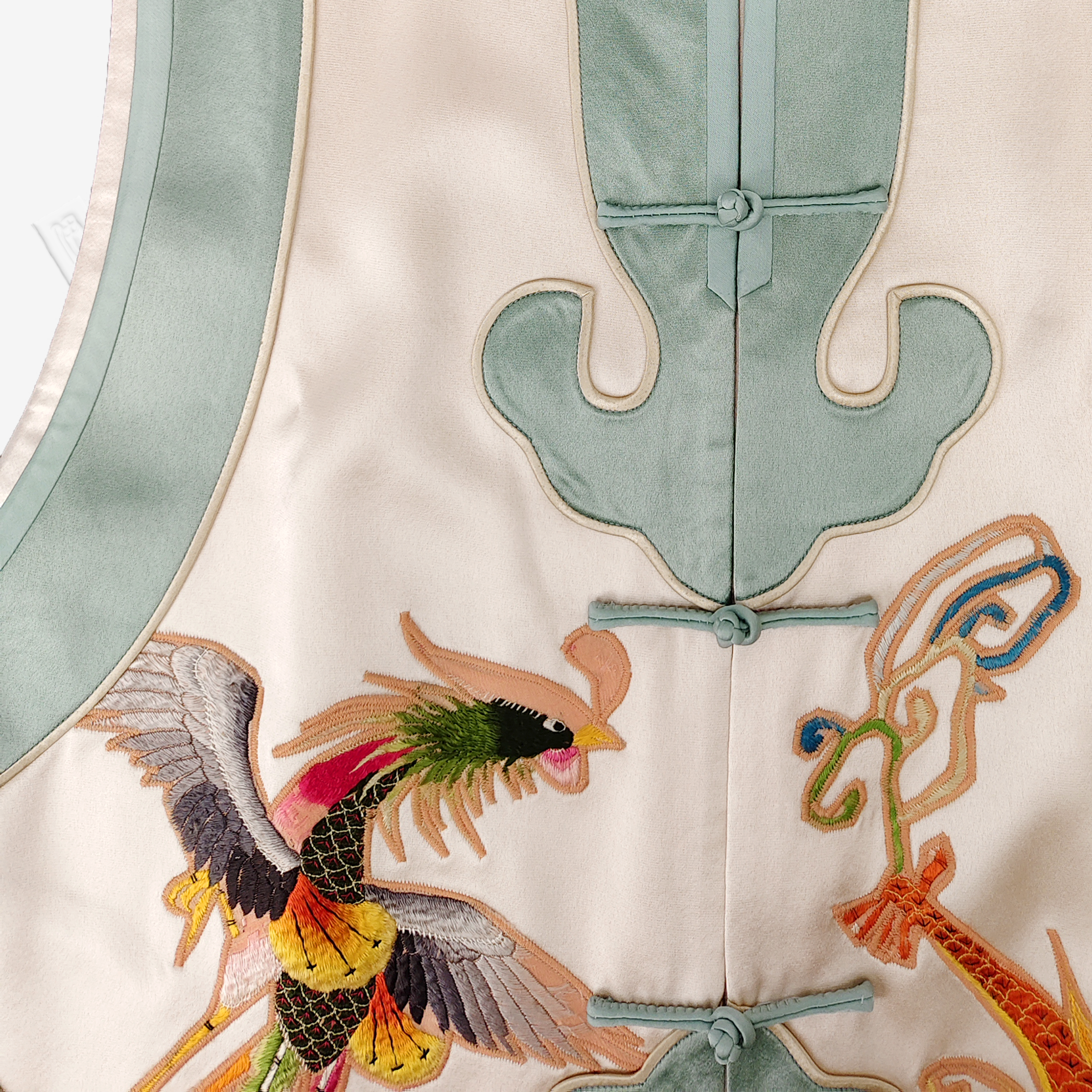 Dragon Phoenix Antique Embroidery Silk Satin Long Vest - 「清禾龍鳳」老繡真絲老緞馬甲