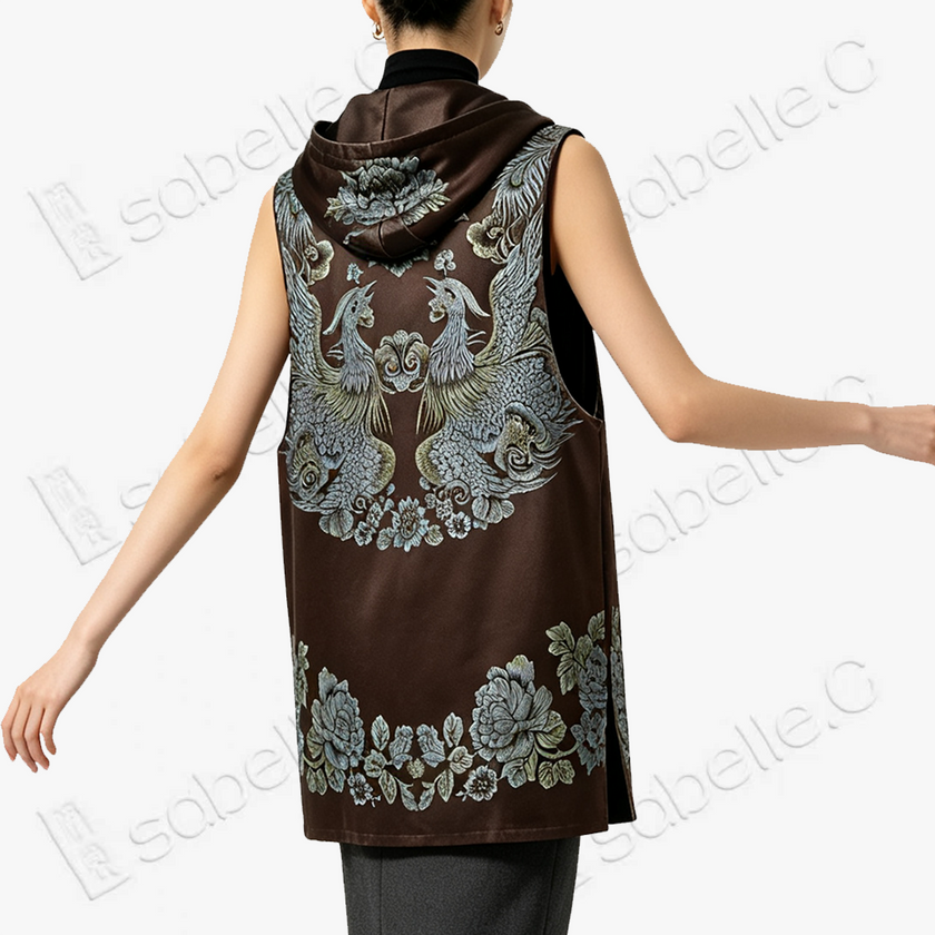 Vintage Silk‑Satin Hooded Sleeveless Top with Dragon Motifs - 古董真絲老緞連帽無袖上衣