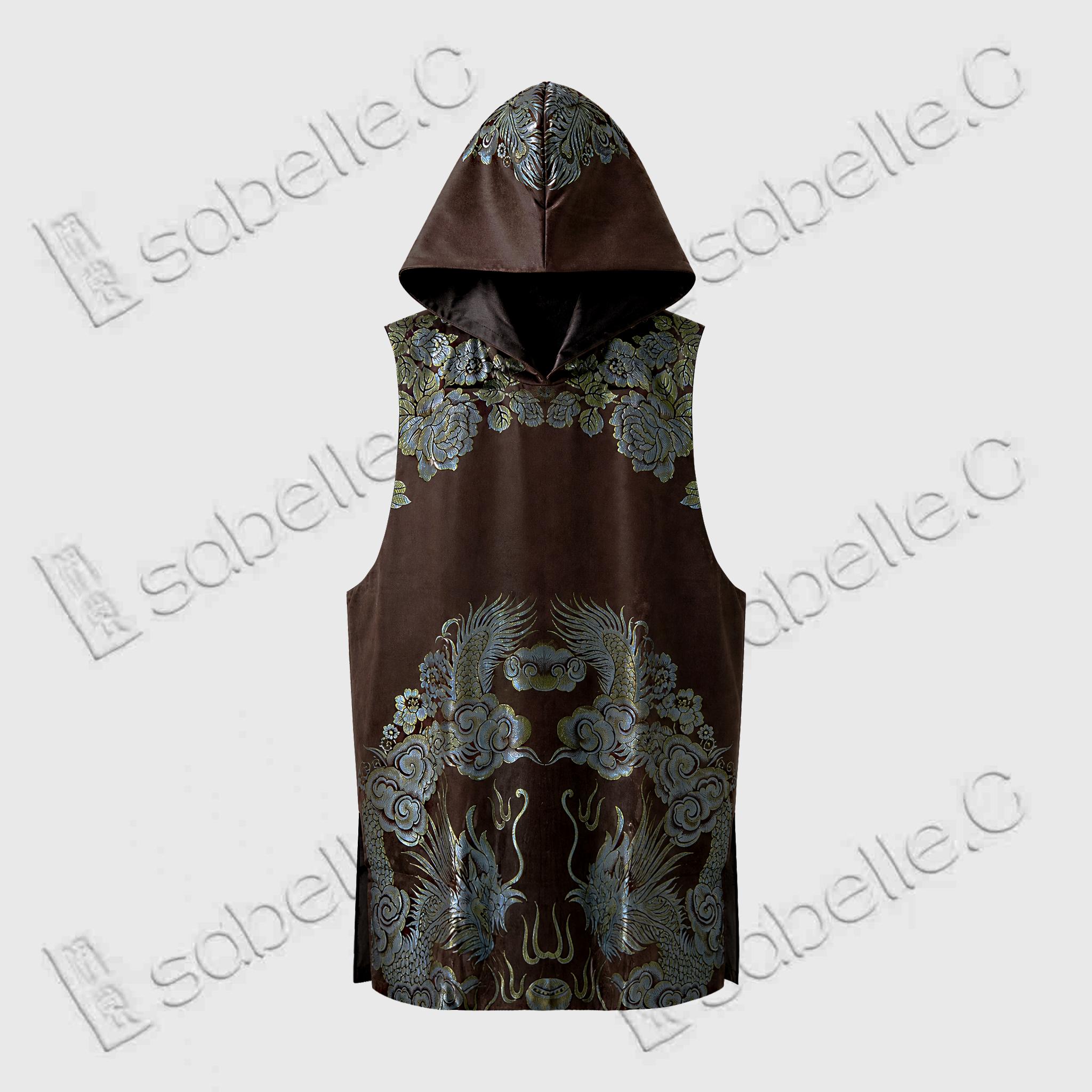 Vintage Silk‑Satin Hooded Sleeveless Top with Dragon Motifs - 古董真絲老緞連帽無袖上衣