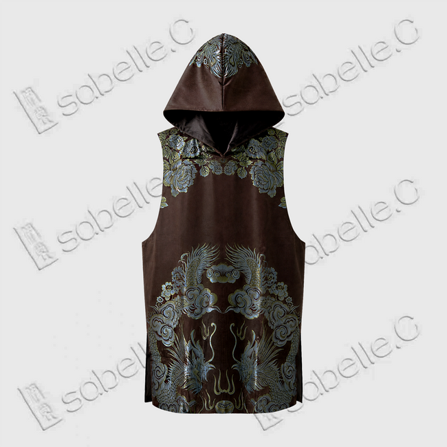 Vintage Silk‑Satin Hooded Sleeveless Top with Dragon Motifs - 古董真絲老緞連帽無袖上衣