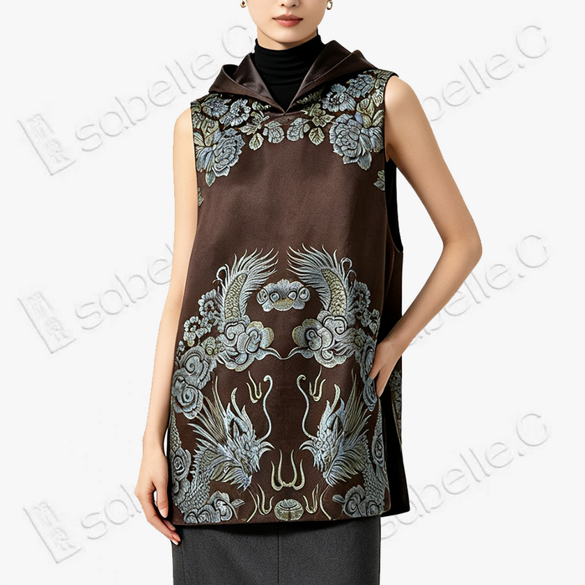 Vintage Silk‑Satin Hooded Sleeveless Top with Dragon Motifs - 古董真絲老緞連帽無袖上衣
