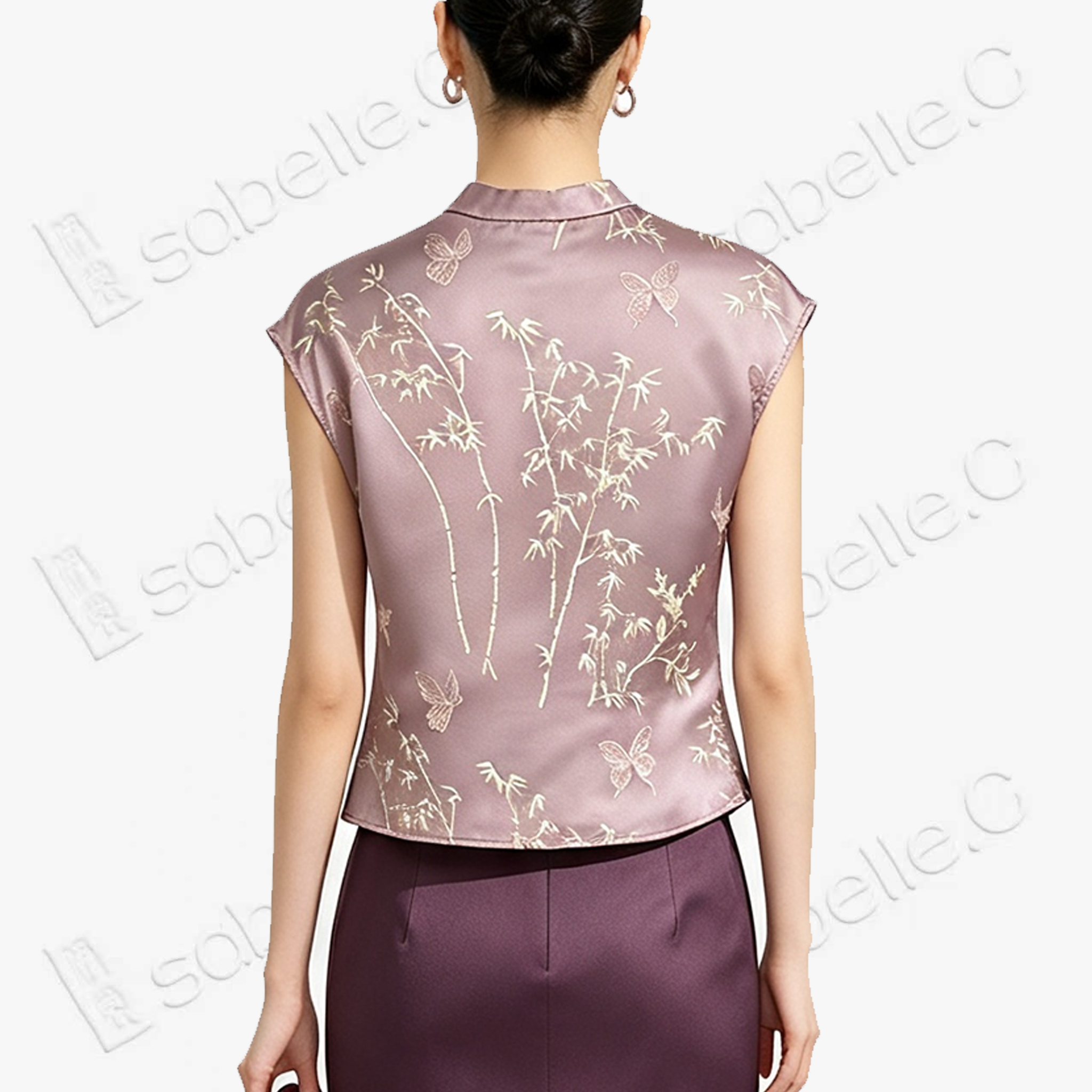 Vintage Silk‑Satin Bamboo‑Butterfly Sleeveless Top - 真絲老緞竹蝶無袖上衣