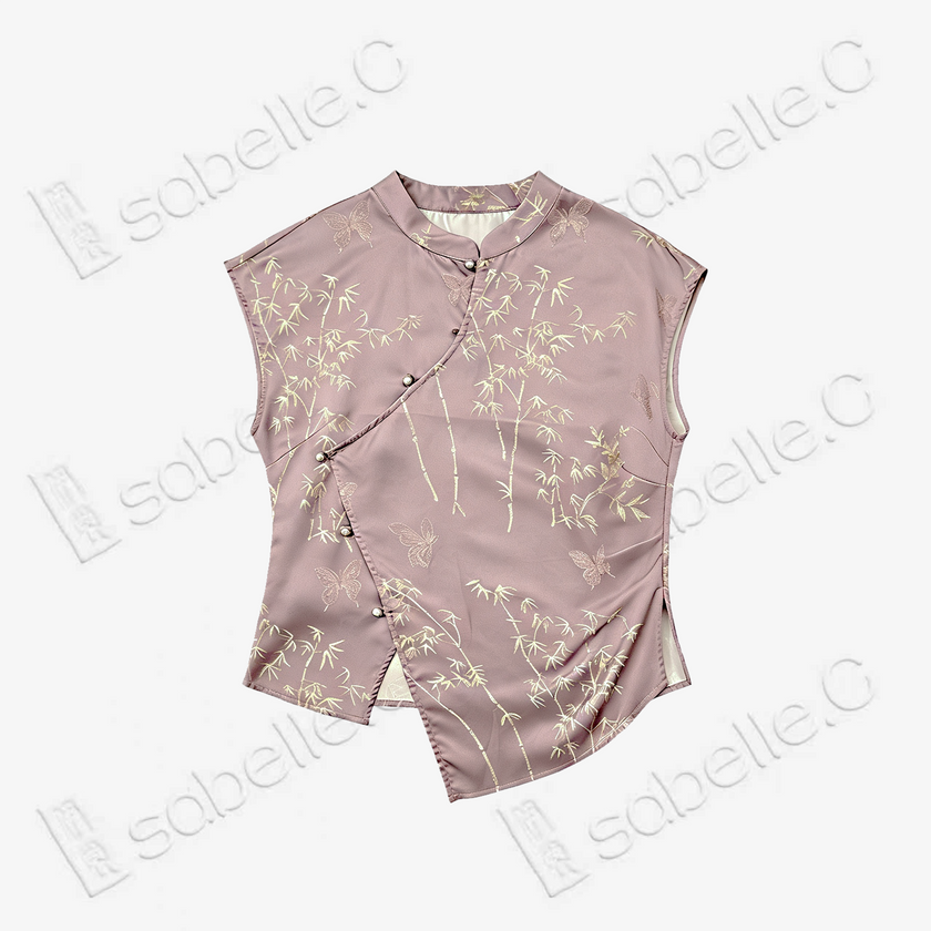 Vintage Silk‑Satin Bamboo‑Butterfly Sleeveless Top - 真絲老緞竹蝶無袖上衣