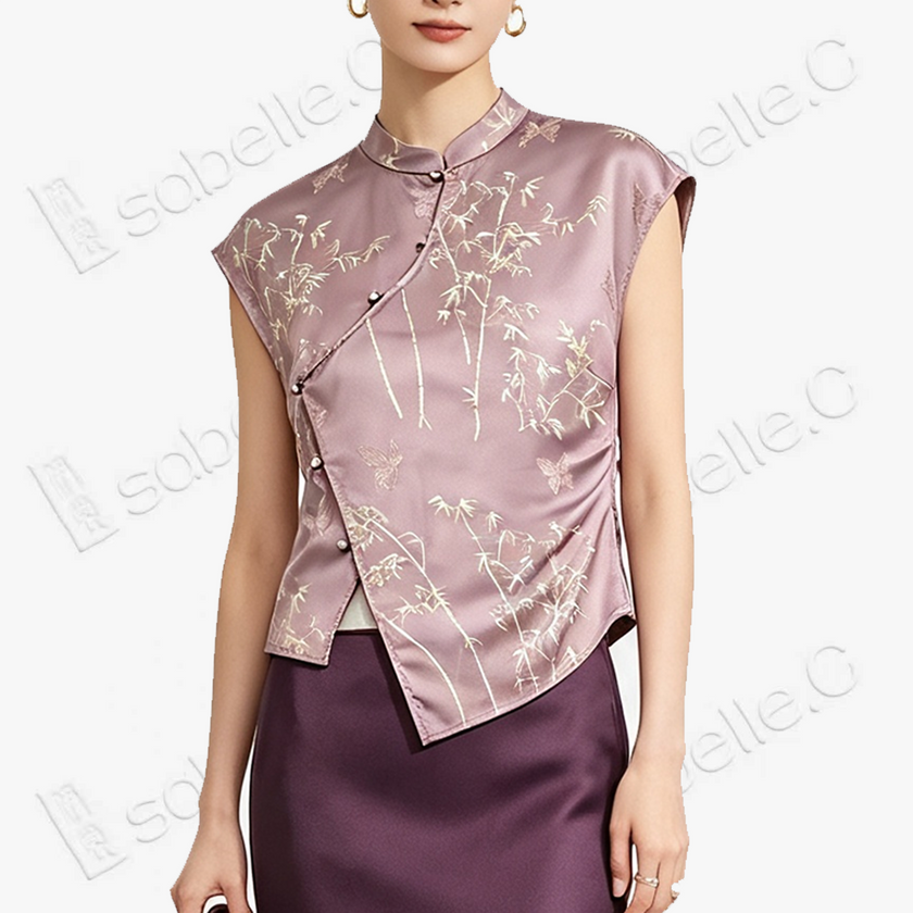 Vintage Silk‑Satin Bamboo‑Butterfly Sleeveless Top - 真絲老緞竹蝶無袖上衣