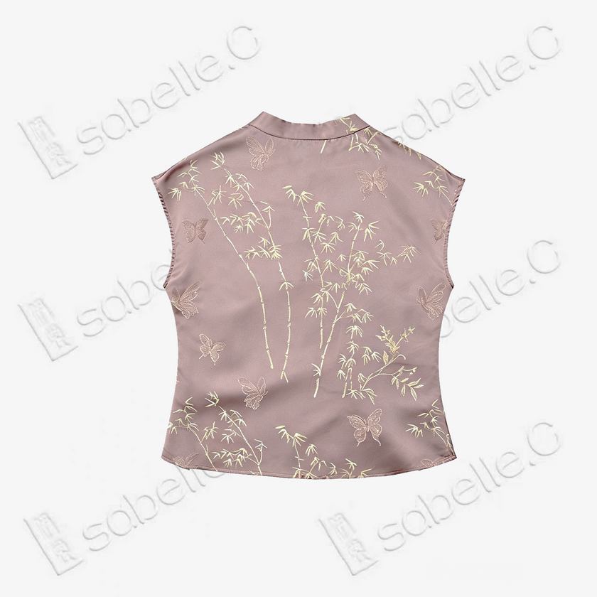 Vintage Silk‑Satin Bamboo‑Butterfly Sleeveless Top - 真絲老緞竹蝶無袖上衣