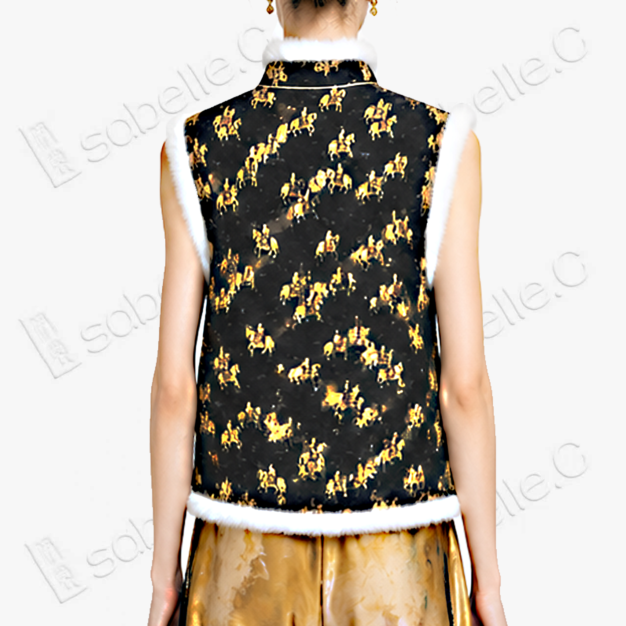 Song Brocade Hunting Motif Fur Trim Vest - 宋錦獵騎紋毛邊馬甲