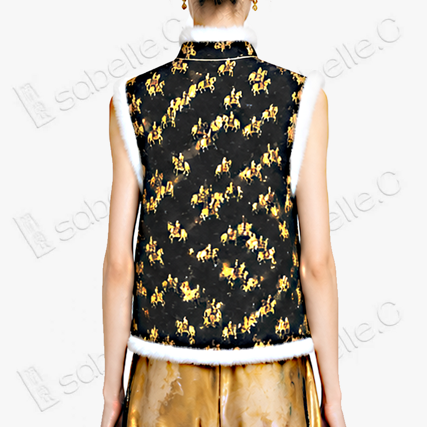 Song Brocade Hunting Motif Fur Trim Vest - 宋錦獵騎紋毛邊馬甲