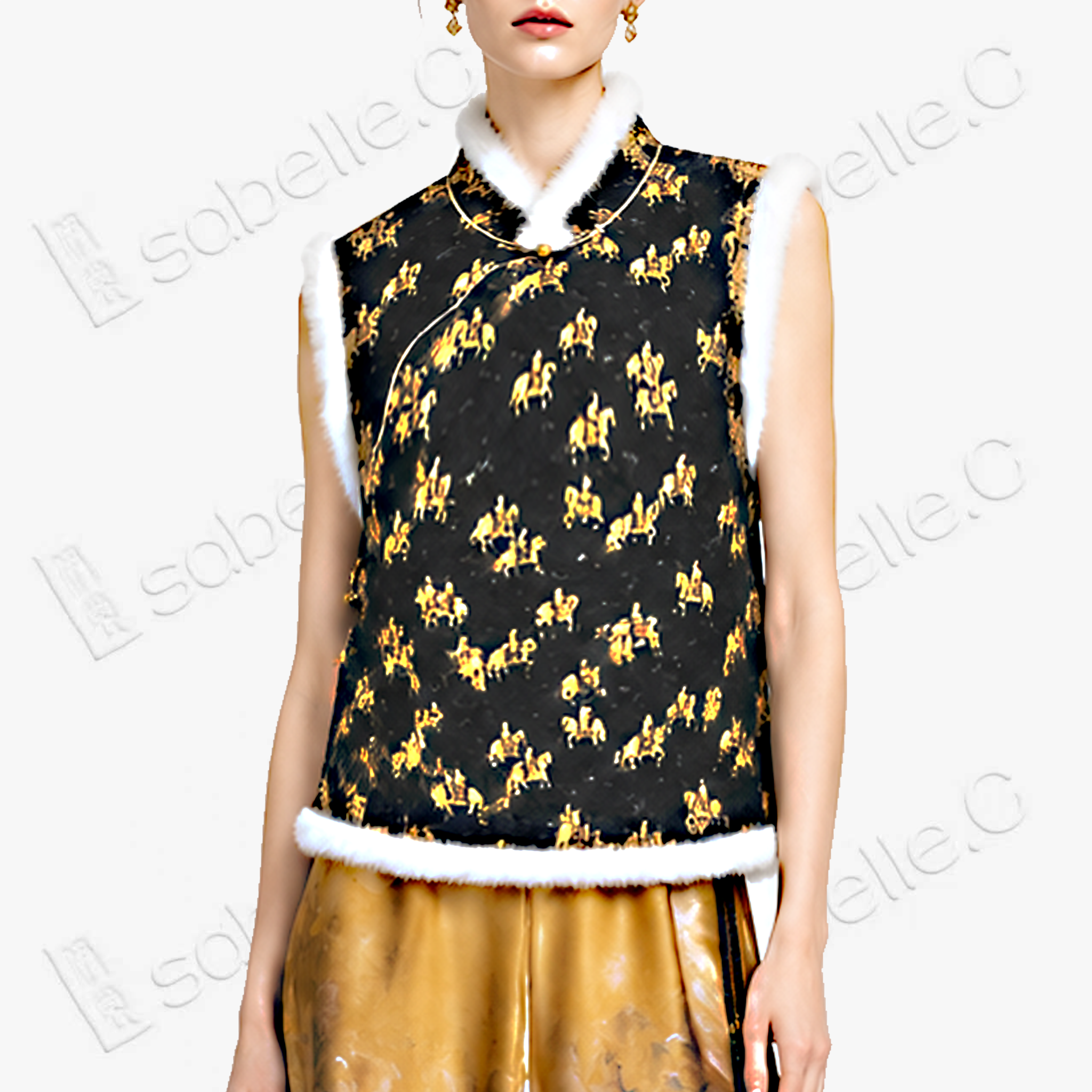 Song Brocade Hunting Motif Fur Trim Vest - 宋錦獵騎紋毛邊馬甲