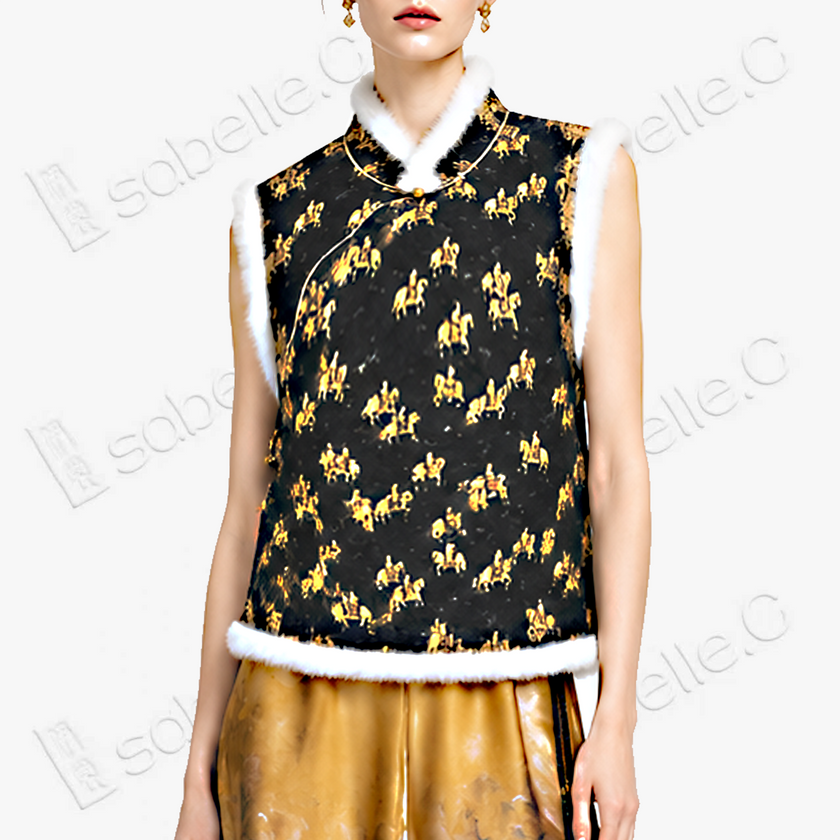 Song Brocade Hunting Motif Fur Trim Vest - 宋錦獵騎紋毛邊馬甲