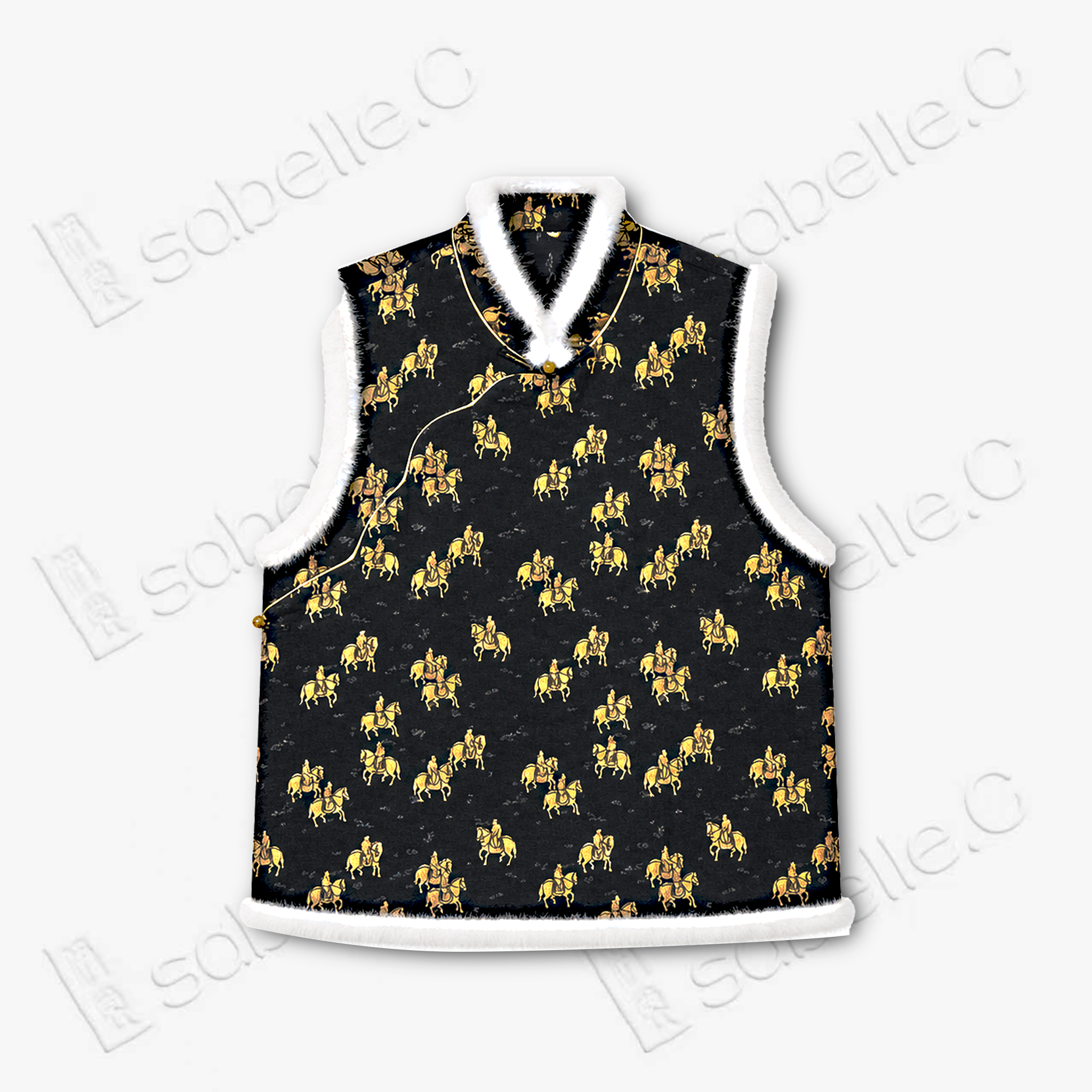 Song Brocade Hunting Motif Fur Trim Vest - 宋錦獵騎紋毛邊馬甲