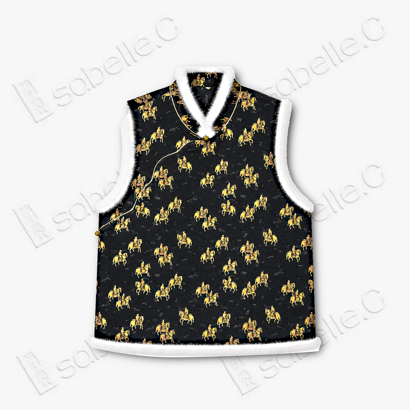 Song Brocade Hunting Motif Fur Trim Vest - 宋錦獵騎紋毛邊馬甲