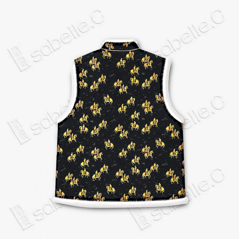Song Brocade Hunting Motif Fur Trim Vest - 宋錦獵騎紋毛邊馬甲