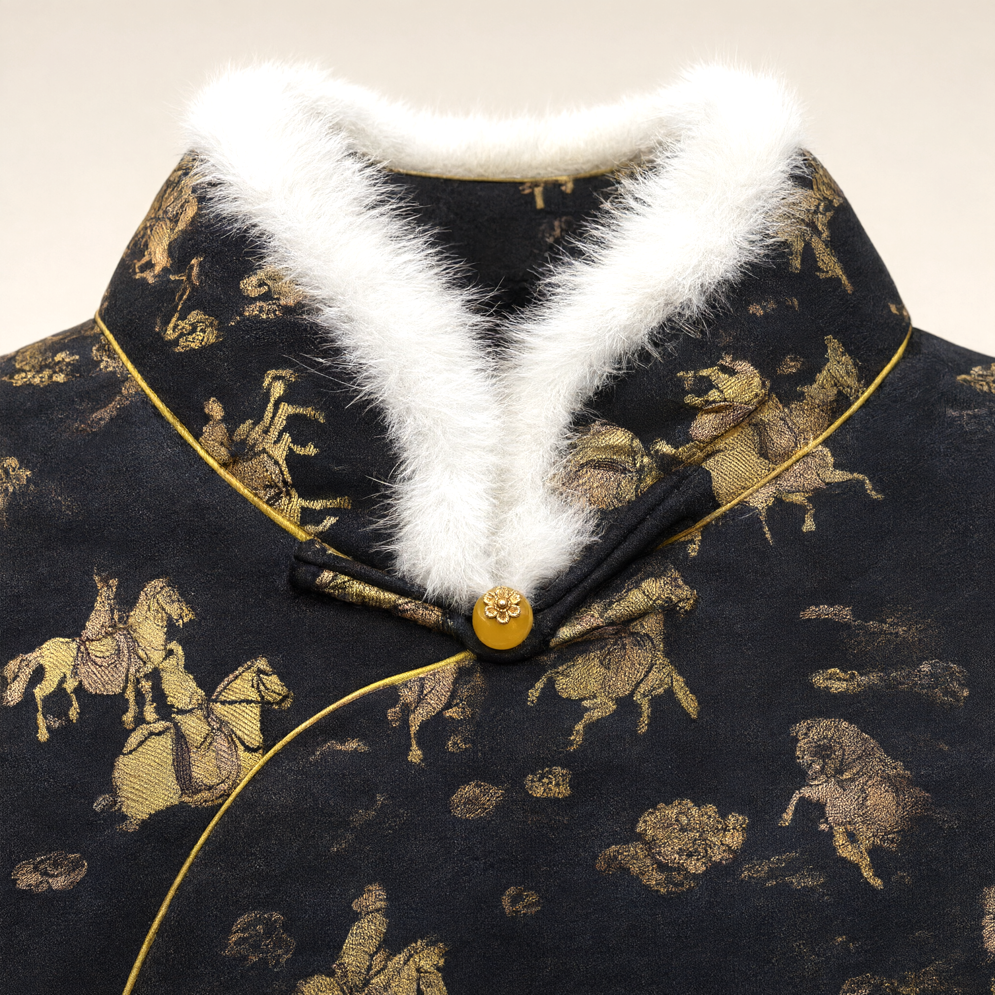 Song Brocade Hunting Motif Fur Trim Vest - 宋錦獵騎紋毛邊馬甲